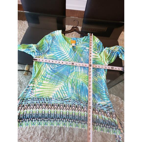 Ruby Rd. Blouse Top Womens XL White Blue Palm Leafs Side Slit Keyhole Round Neck - Picture 8 of 13